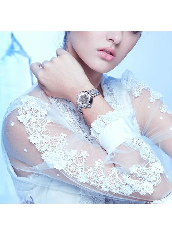 FORSINING Women Automatic Mechanical Watches Skeleton Steampunk Watch with Diamond and Carving Flower Craft Cold Watch for Women Minimalist Retro Design Mechanical Skeleton Wrist Watch - Image 5
